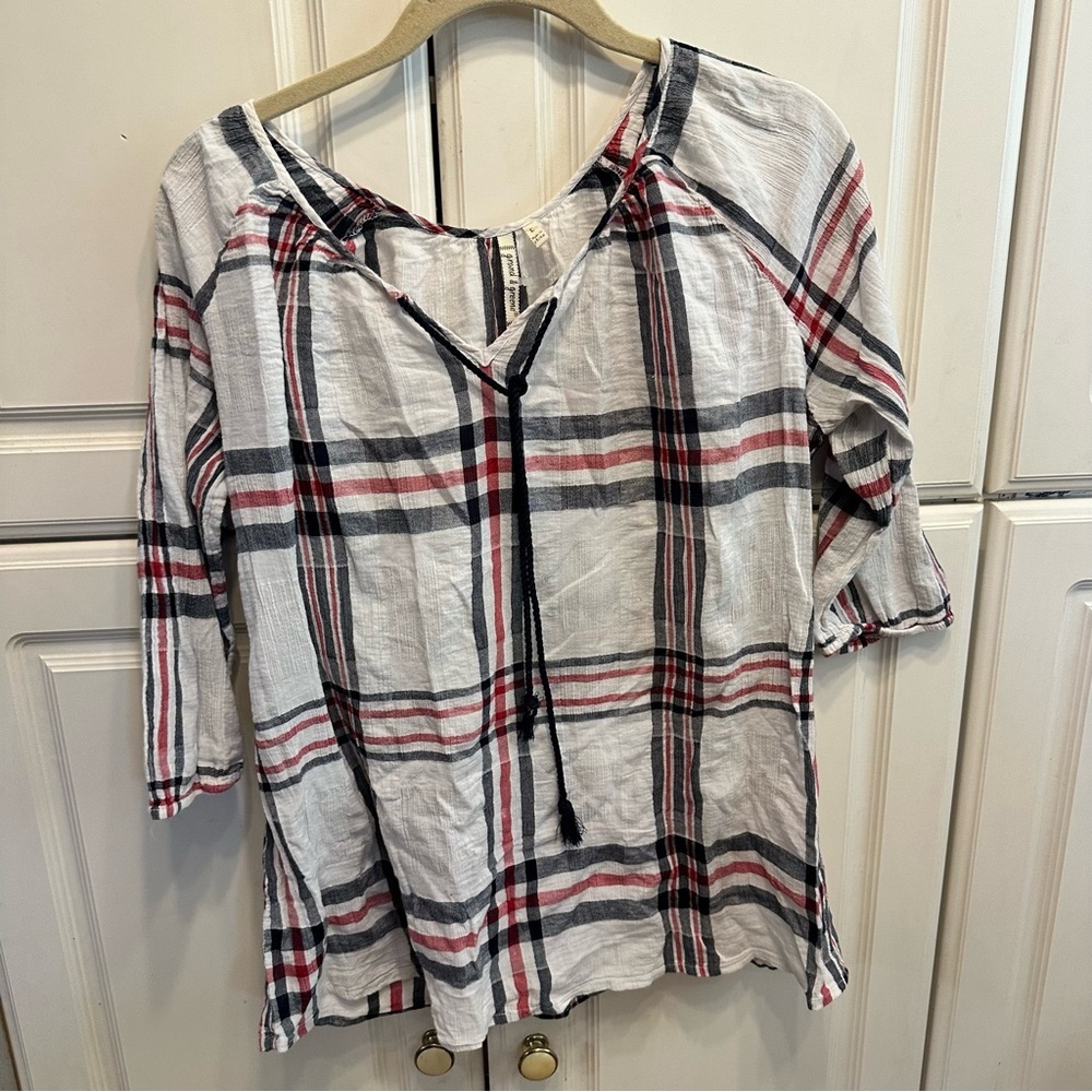 grand & greene White Plaid Tie-Front Blouse with Black & Red